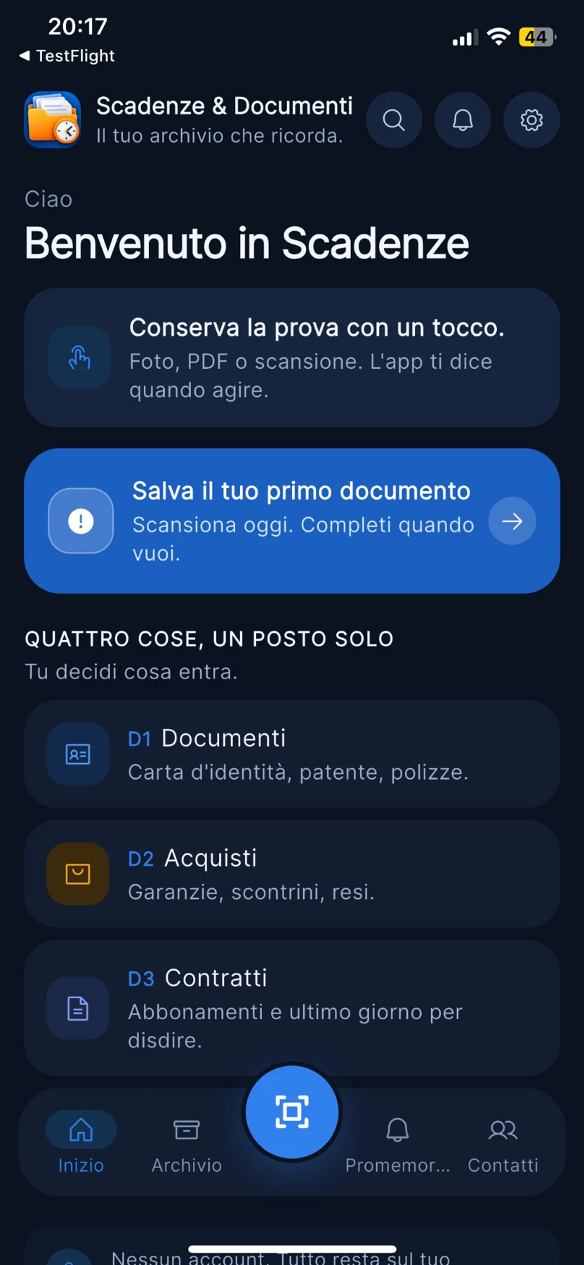 Schermata di test di Scadenze e Documenti: archivio e categorie